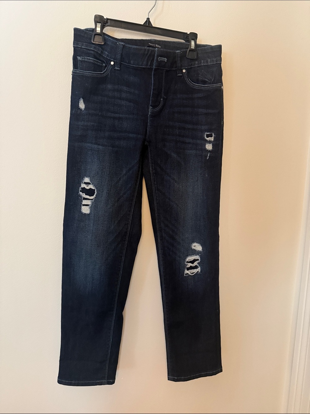 White House Black Market Dark Blue Straight-Leg cropped Distressed Jeans